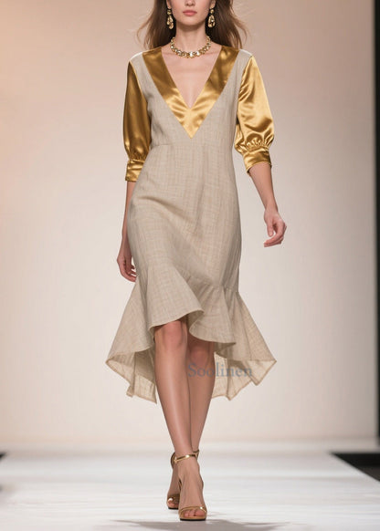 Beige Patchwork Linen Silk Fake Two Piece Dress Ruffles Summer