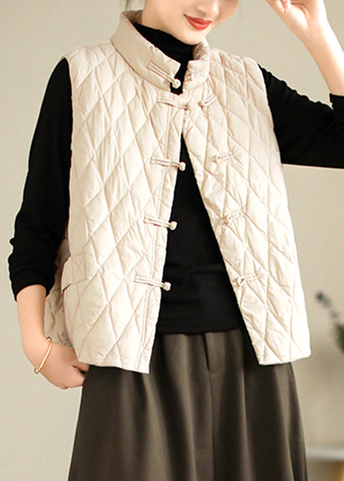 Beige Plaid Button Fine Cotton Sleeveless Stand Collar