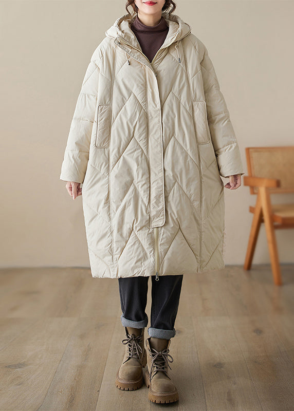 Beige Pockets Fine Cotton Filled Parkaer Zip Up Winter