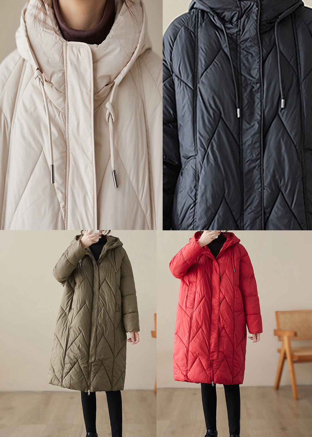 Beige Pockets Fine Cotton Filled Parkaer Zip Up Winter