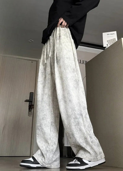 Beige Pockets Lace Up Cotton Wide Leg Pants Tie Dye