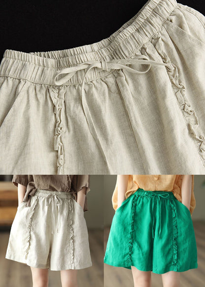 Beige Pockets Patchwork Linen Hot Pants Elastic Waist Summer