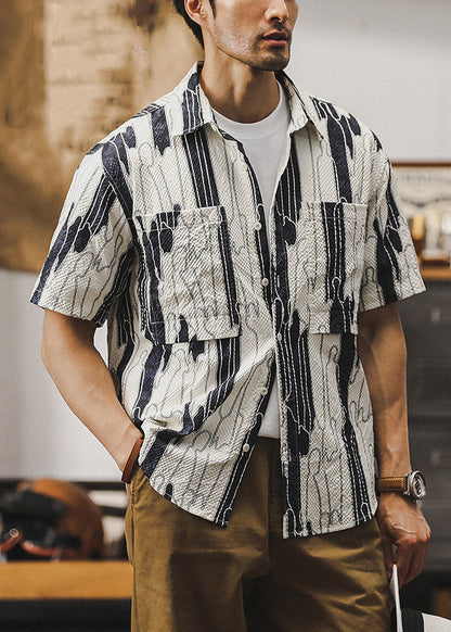 Beige Print Pockets Cotton Summer Shirt Peter Pan Collar