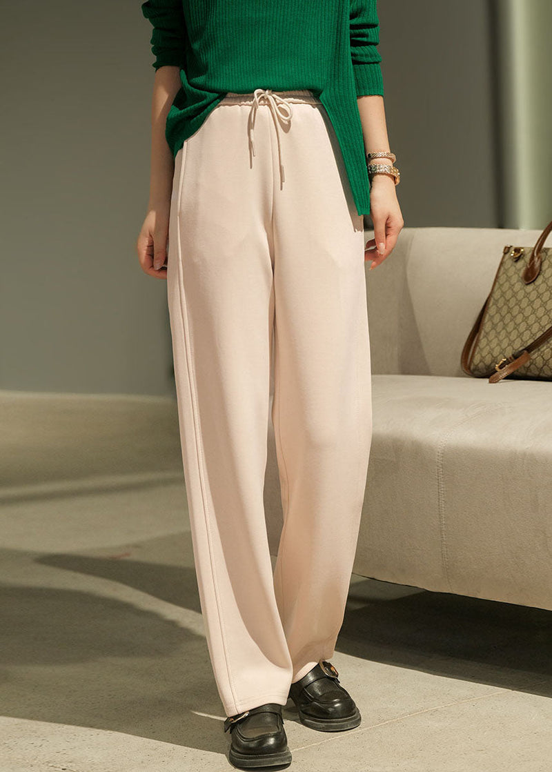 Beige Fine Cotton Wide Leg Pants Elastic Waist Fall