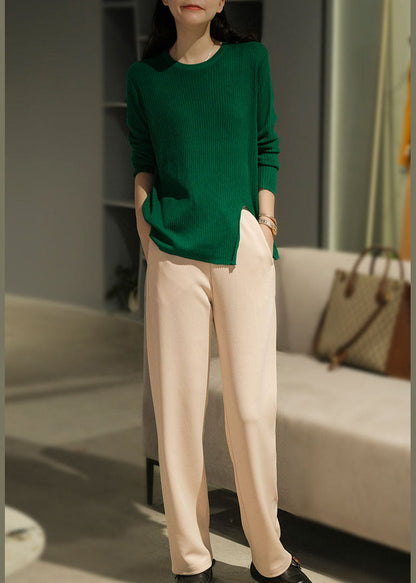 Beige Fine Cotton Wide Leg Pants Elastic Waist Fall