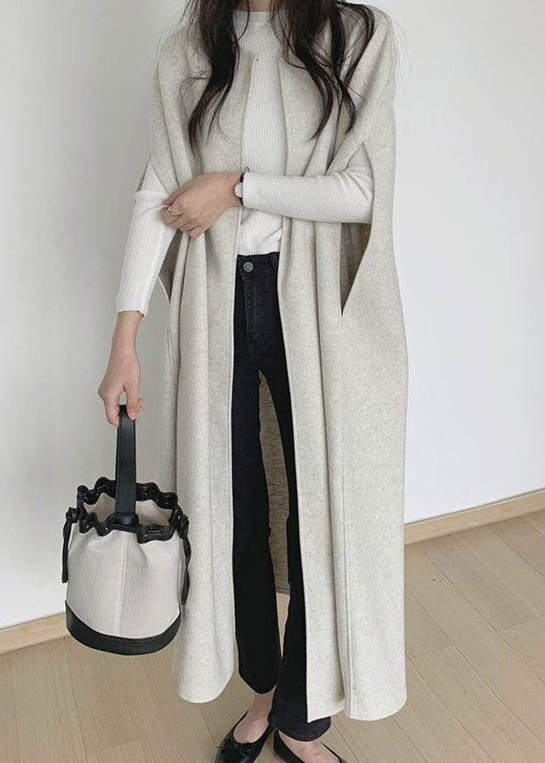 Beige Woolen Long Waistcoat O Neck Winter