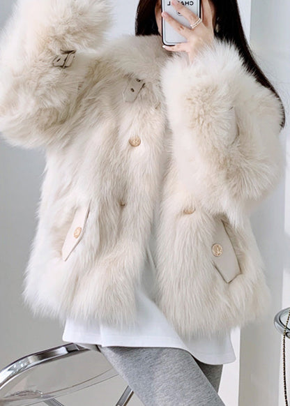 Beige Square Collar Neck Tie Leather and Faux Fur Coat Winter