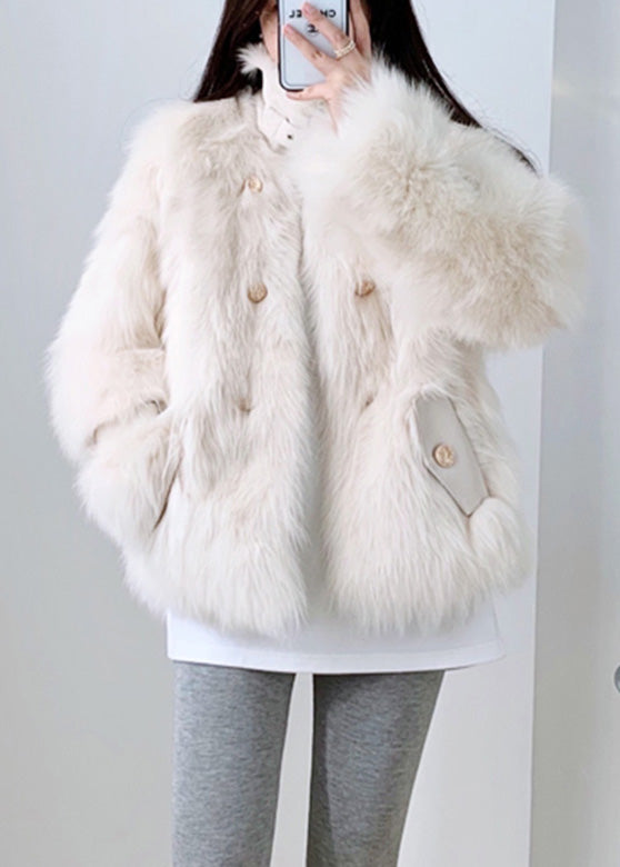 Beige Square Collar Neck Tie Leather and Faux Fur Coat Winter