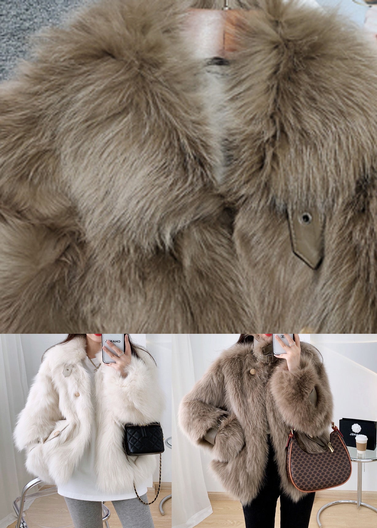Beige Square Collar Neck Tie Leather and Faux Fur Coat Winter