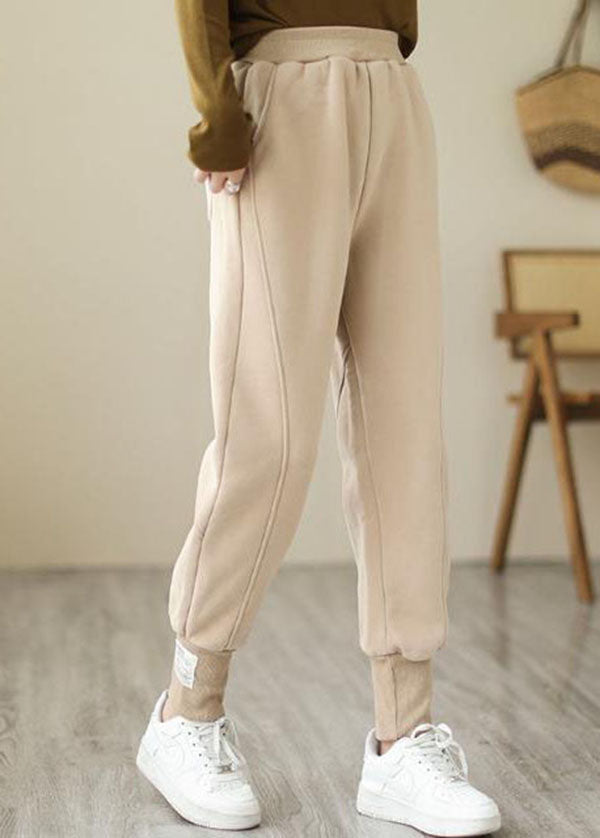 Beige Warm Fleece Beam Pants High Waist Color Winter