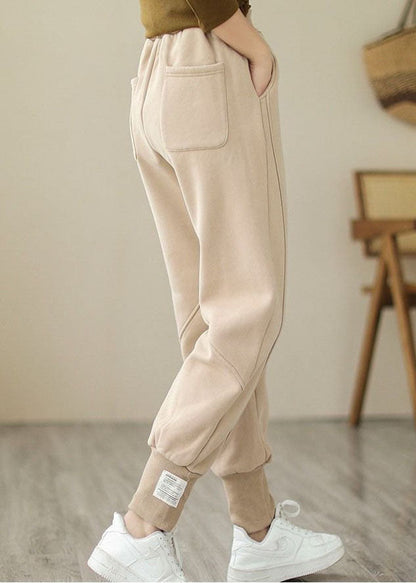 Beige Warm Fleece Beam Pants High Waist Color Winter