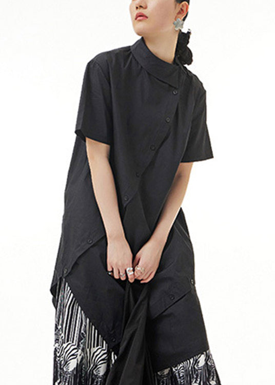 Black Asymmetrical Button Cotton Maxi Shirts Short Sleeve