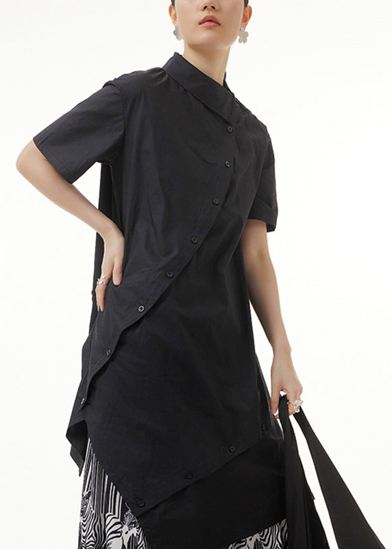 Black Asymmetrical Button Cotton Maxi Shirts Short Sleeve