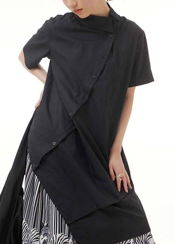 Black Asymmetrical Button Cotton Maxi Shirts Short Sleeve