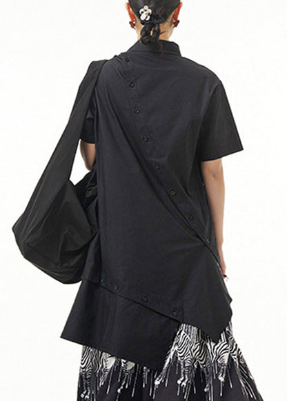 Black Asymmetrical Button Cotton Maxi Shirts Short Sleeve