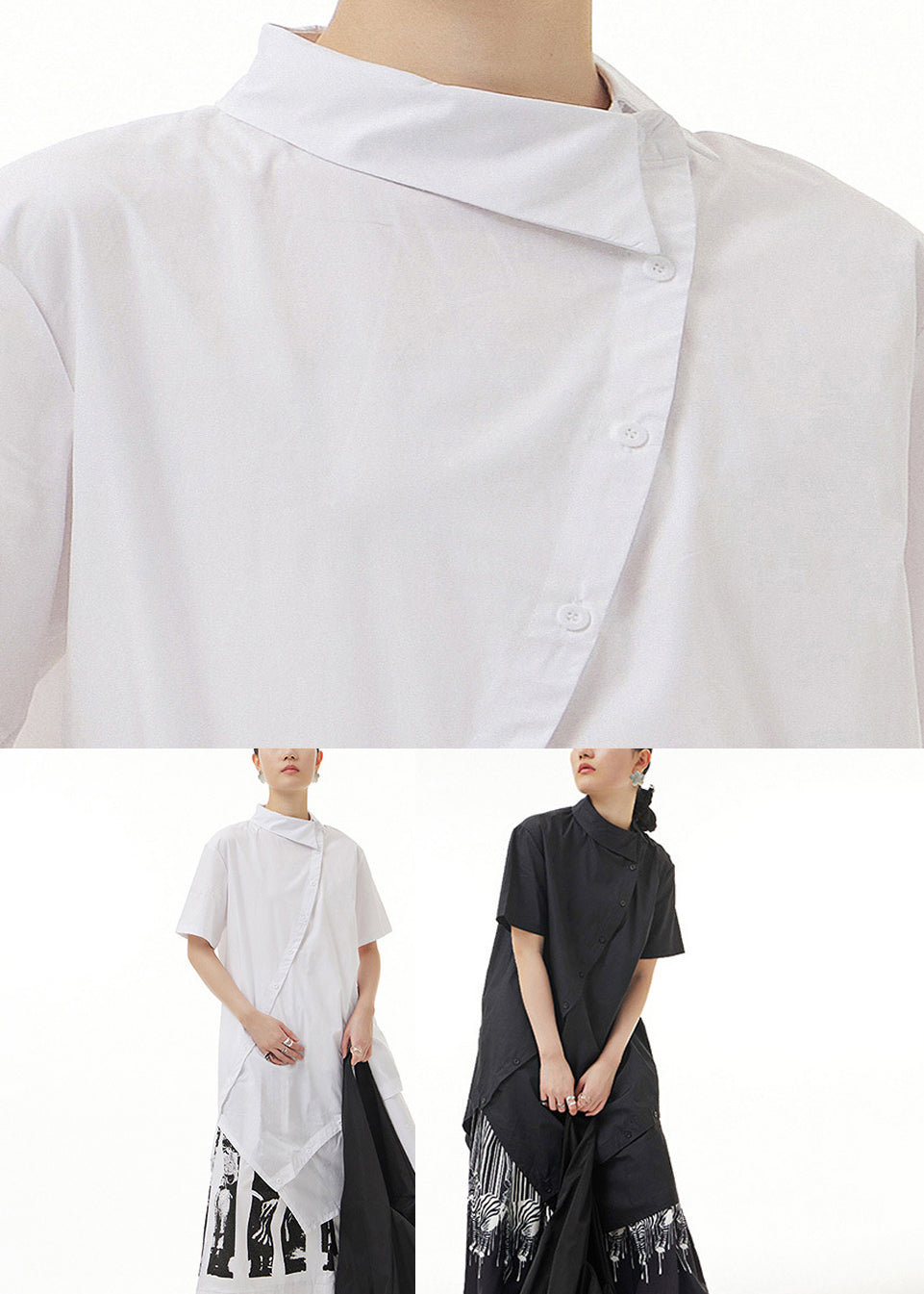 Black Asymmetrical Button Cotton Maxi Shirts Short Sleeve