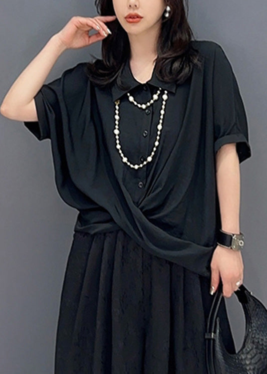 Black Asymmetrical Button Shirts Short Sleeve