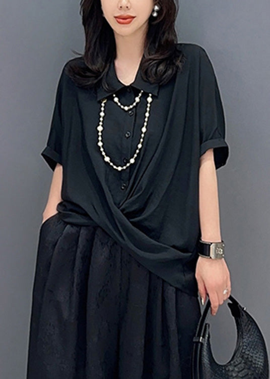 Black Asymmetrical Button Shirts Short Sleeve