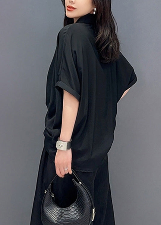 Black Asymmetrical Button Shirts Short Sleeve