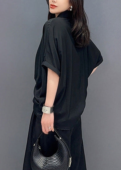 Black Asymmetrical Button Shirts Short Sleeve