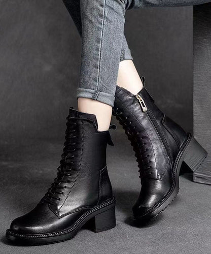 Black Biker Boots Chunky Zippered Cowhide Leather Lace Up Boots