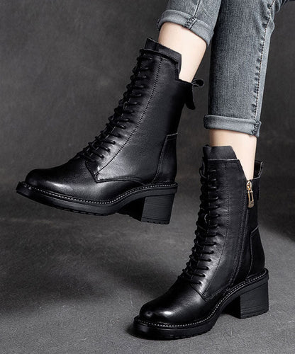 Black Biker Boots Chunky Zippered Cowhide Leather Lace Up Boots