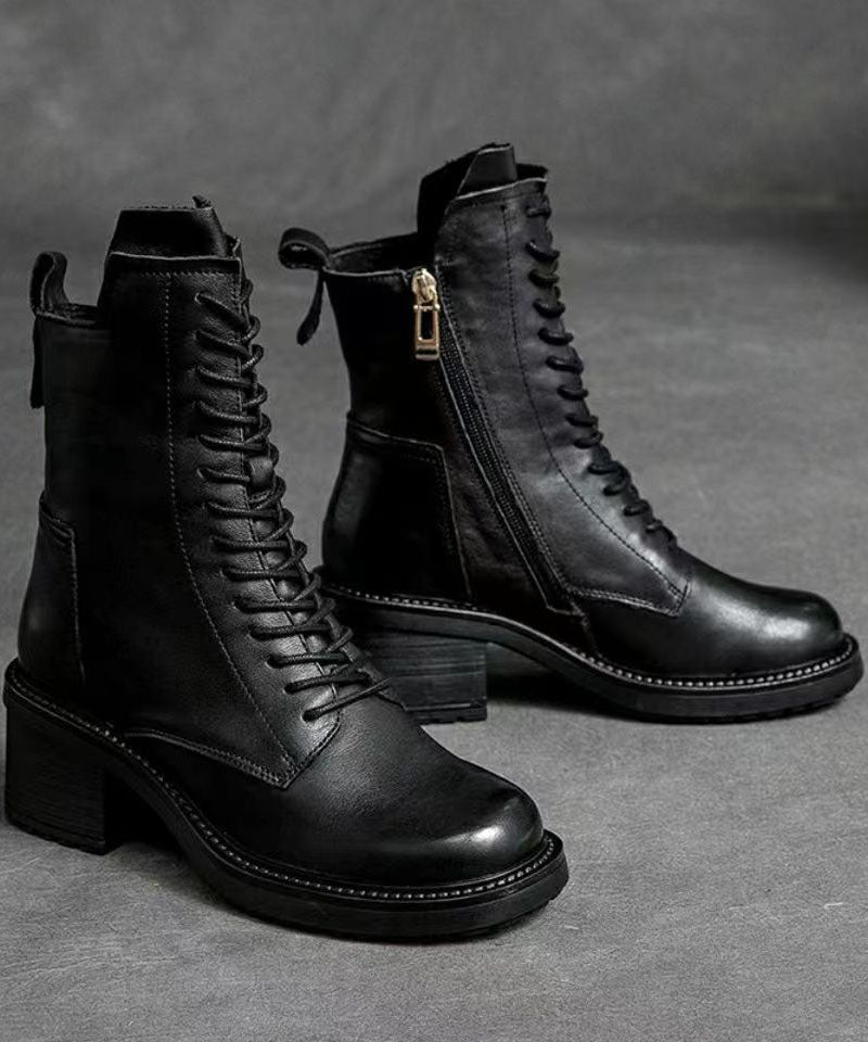 Black Biker Boots Chunky Zippered Cowhide Leather Lace Up Boots