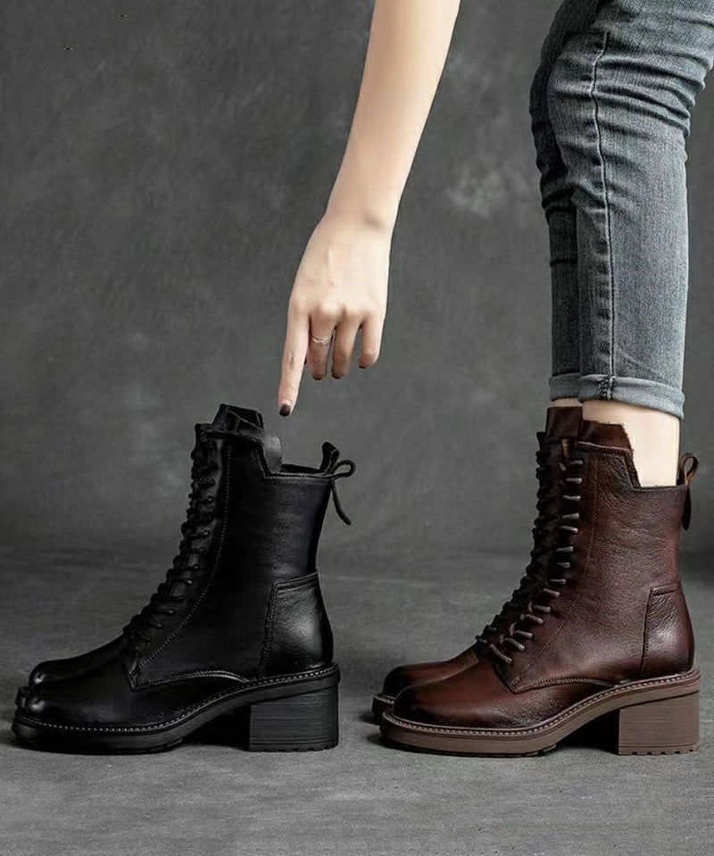 Black Biker Boots Chunky Zippered Cowhide Leather Lace Up Boots