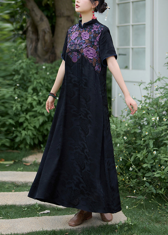 Black Silk Dress Embroidered Stand Collar Summer