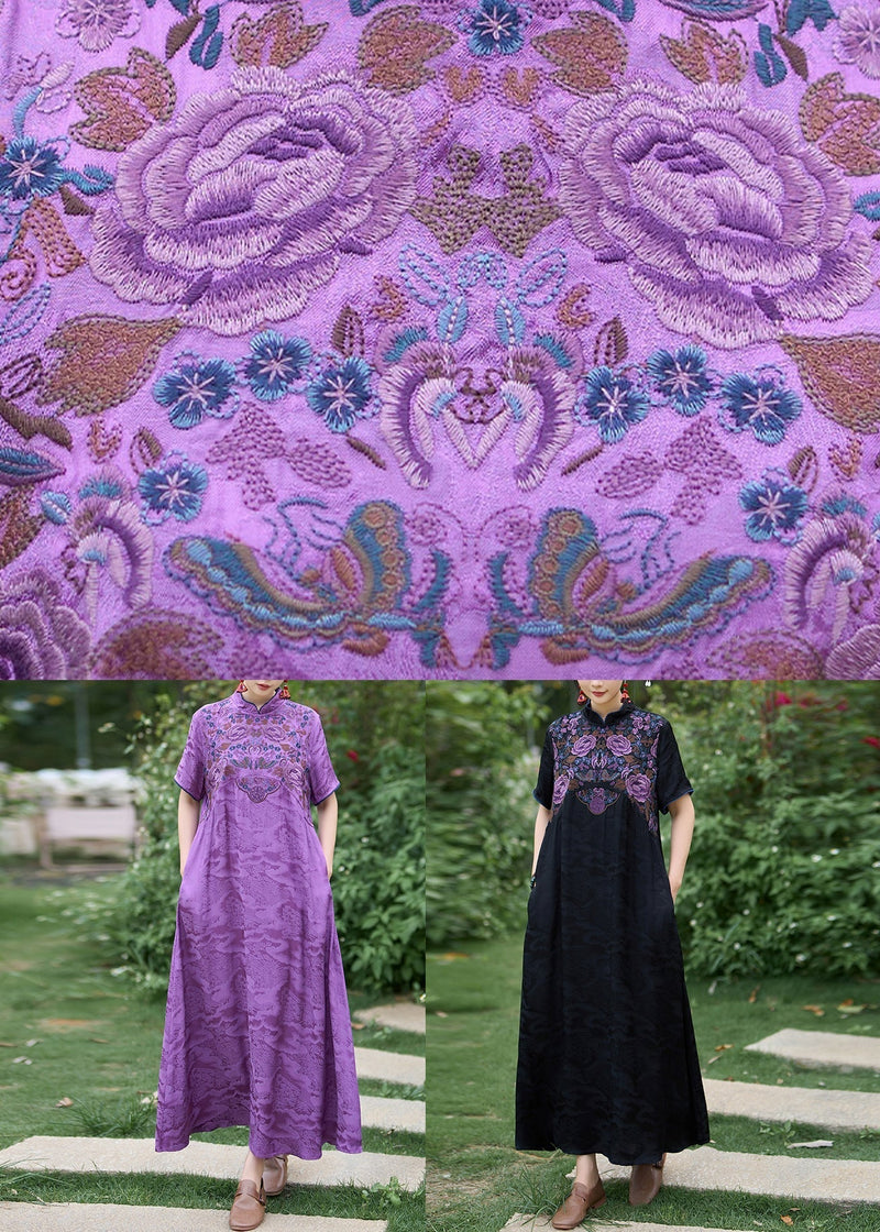 Black Silk Dress Embroidered Stand Collar Summer