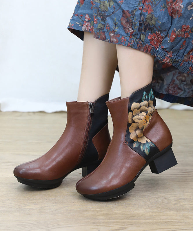 Black Boots Chunky Cowhide Leather Hand Drawn