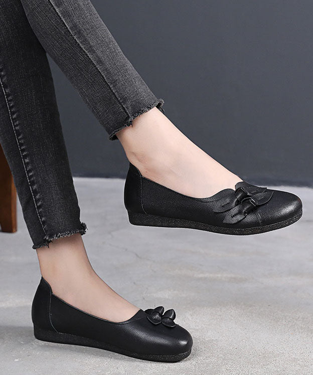 Black Bow Flat Shoes for Handmade Cowhide Leather Flat Shoes