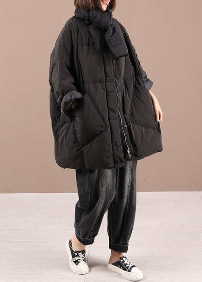 Black Bow Pockets Zippered Winter Cotton Blend Coat Long Sleeve