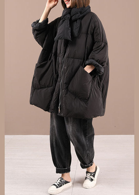 Black Bow Pockets Zippered Winter Cotton Blend Coat Long Sleeve