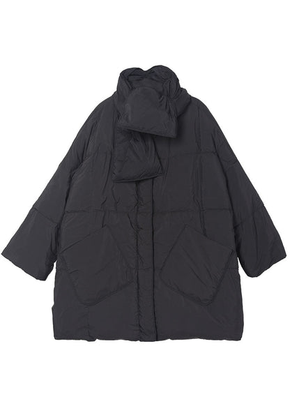 Black Bow Pockets Zippered Winter Cotton Blend Coat Long Sleeve