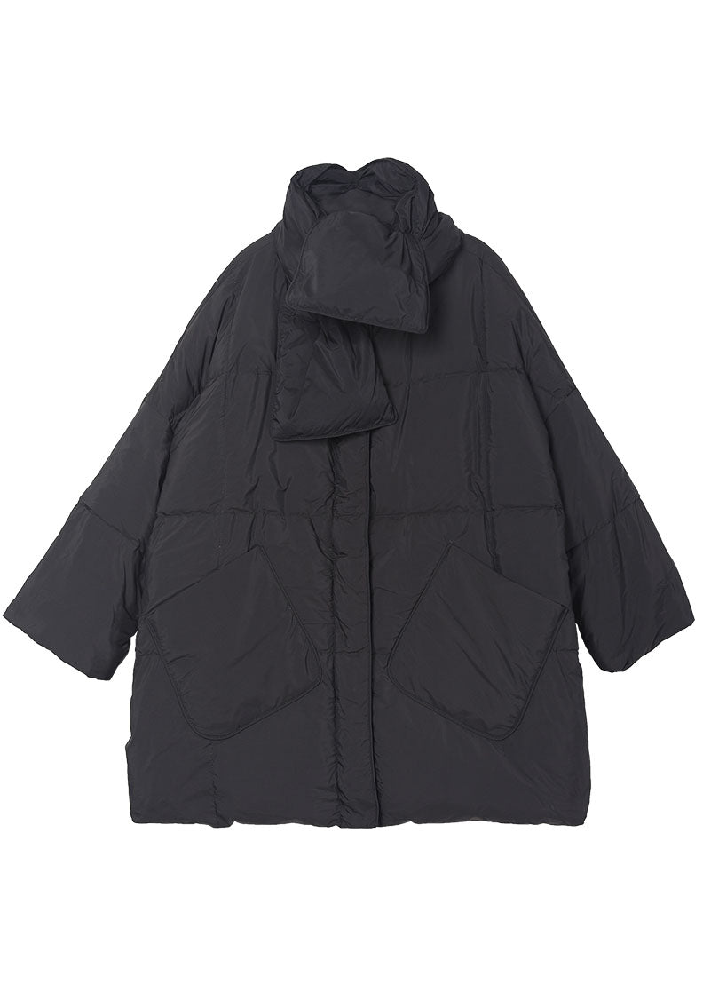 Black Bow Pockets Zippered Winter Cotton Blend Coat Long Sleeve