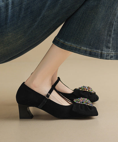 Black Buckle Strap Chunky Suede Bow Zircon Splicing High Heels