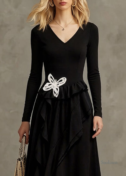 Black Butterfly Ruffled Cotton Long Dresses Asymmetrical Spring