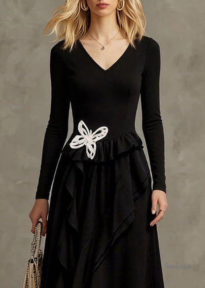 Black Butterfly Ruffled Cotton Long Dresses Asymmetrical Spring