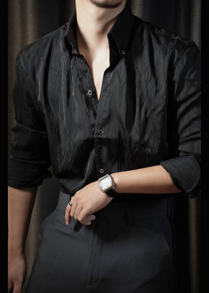 Black Button Cotton Fall Shirt Men Peter Pan Collar