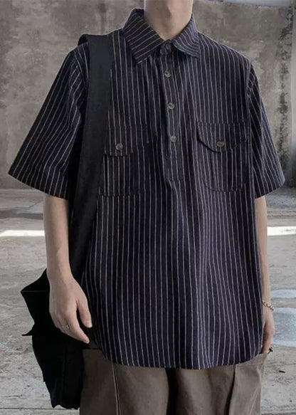 Black Button Cotton Shirts Peter Pan Collar Short Sleeve