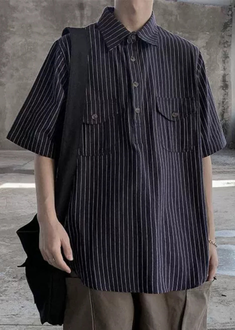 Black Button Cotton Shirts Peter Pan Collar Short Sleeve