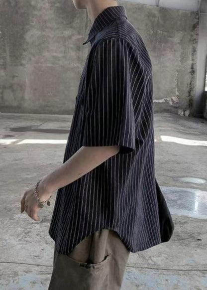 Black Button Cotton Shirts Peter Pan Collar Short Sleeve