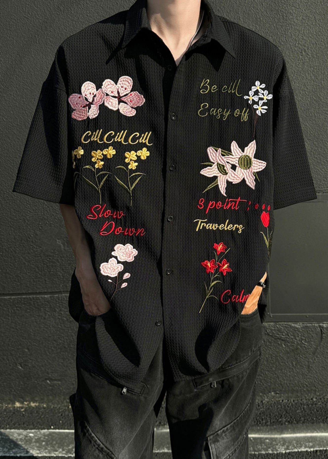 Black Button Cotton Shirts Peter Pan Collar Summer