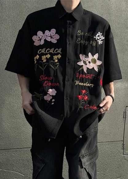 Black Button Cotton Shirts Peter Pan Collar Summer