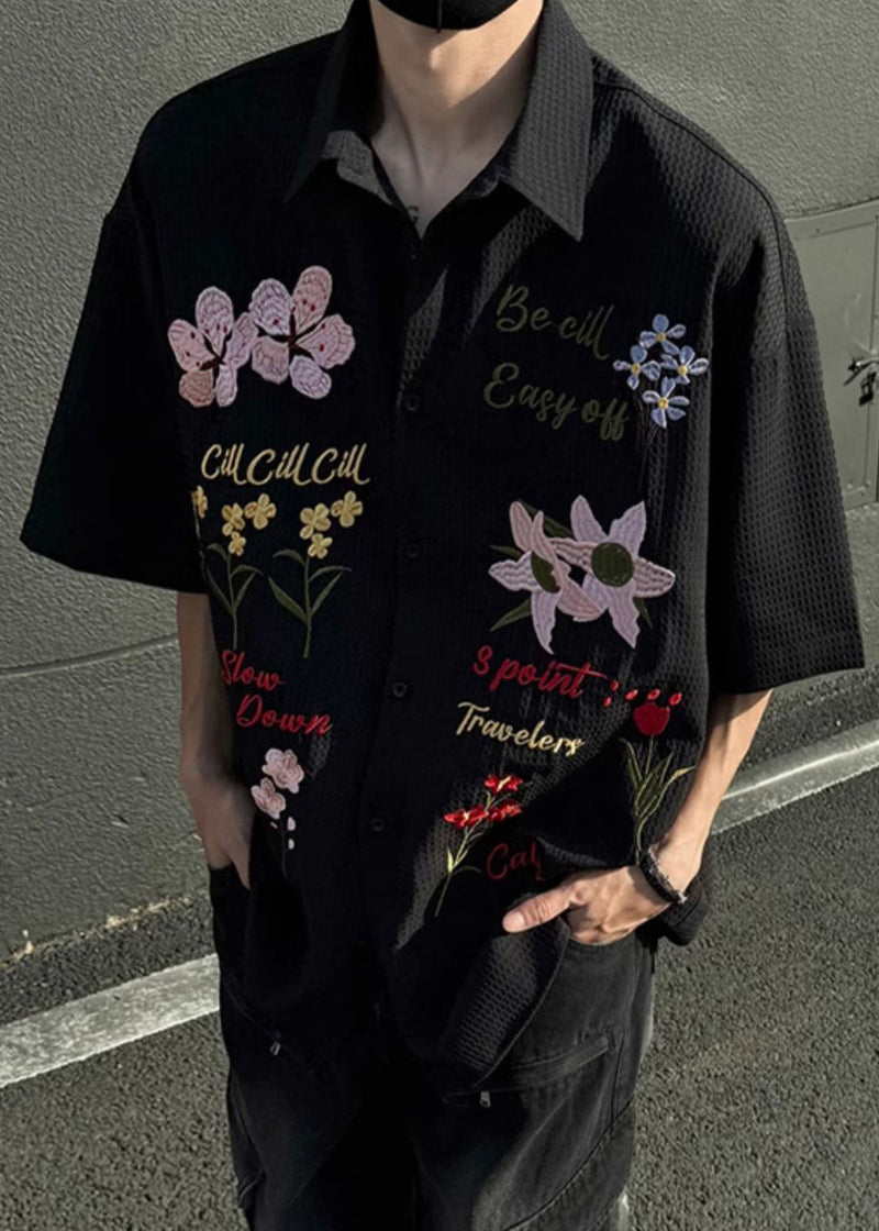 Black Button Cotton Shirts Peter Pan Collar Summer