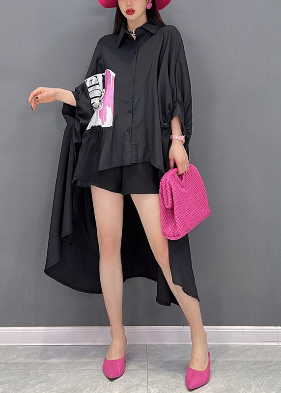 Black Button Low High Design Shirts Batwing Sleeve