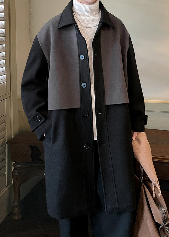 Black Button Pockets Patchwork Woolen Coat Peter Pan Collar Winter