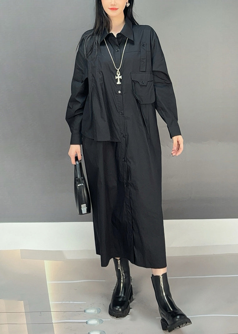 Black Button Cotton Fall Blouses Dresses Asymmetrical