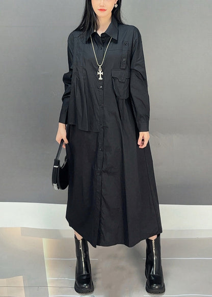 Black Button Cotton Fall Blouses Dresses Asymmetrical